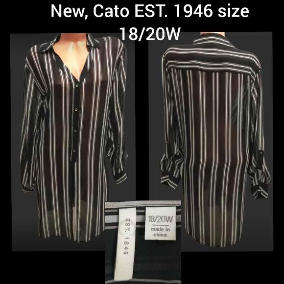 Cato black and white striped sheer button down top size 18/20w - Picture 1 of 7